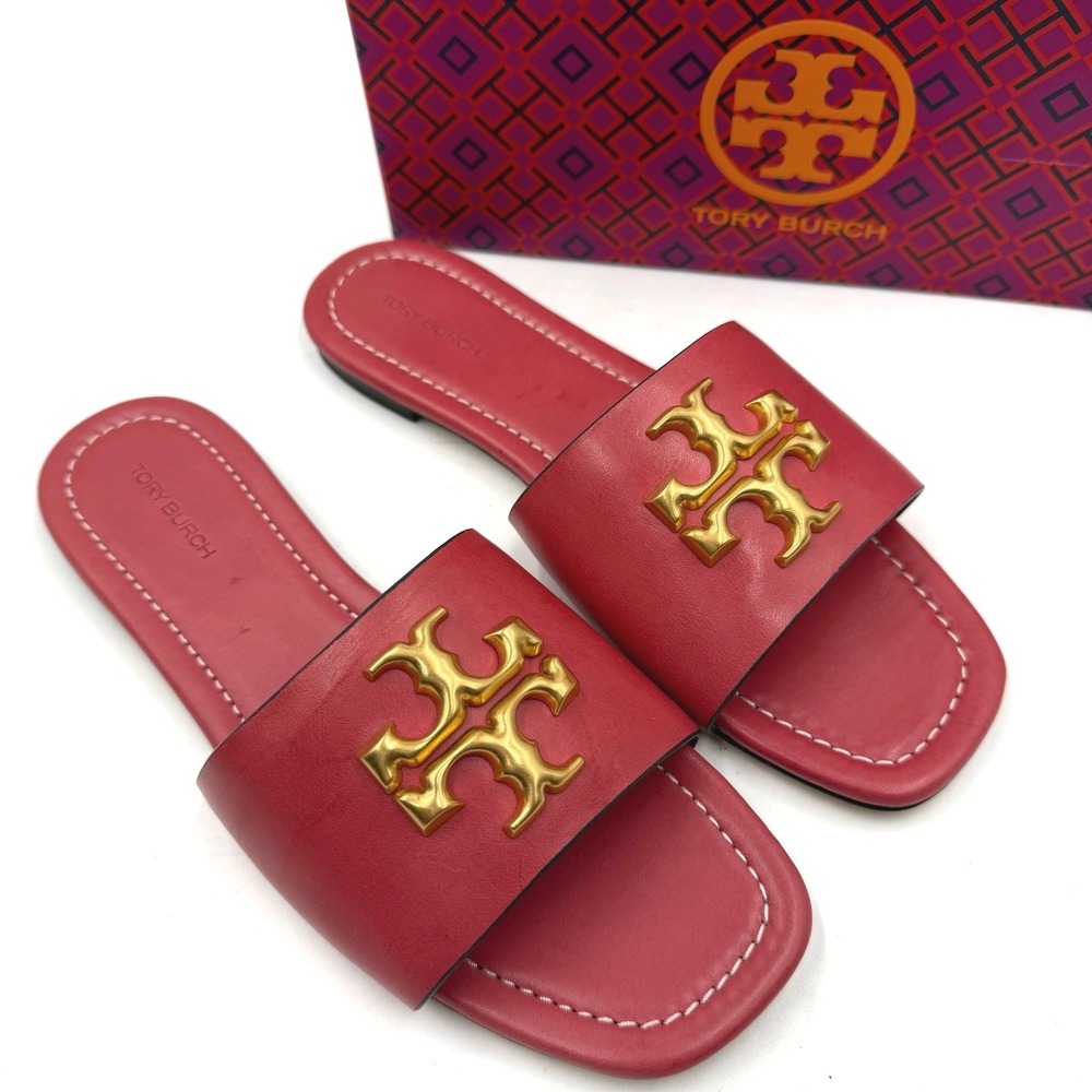 Tory Burch Eleanor Slide Sandals Bordeaux Pinky Red Leather Gold Logo Flats Sz 7